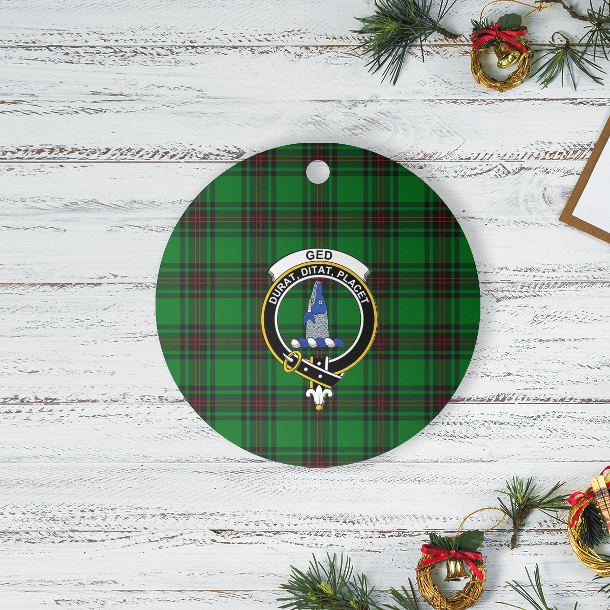 Clan Ged Tartan Crest Round Ceramic Ornament MR99 Ged Tartan Tartan Christmas   