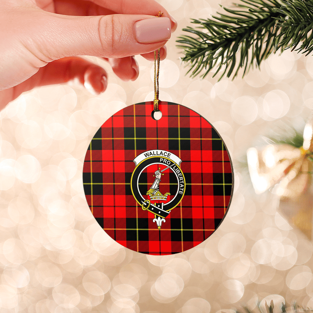 Clan Wallace Hunting Red Tartan Crest Round Ceramic Ornament KM84 Wallace Hunting Red Tartan Tartan Christmas   