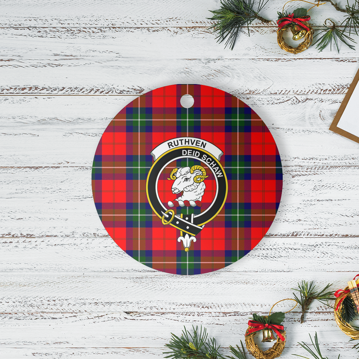 Clan Ruthven Modern Tartan Crest Round Ceramic Ornament XL32 Ruthven Modern Tartan Tartan Christmas   