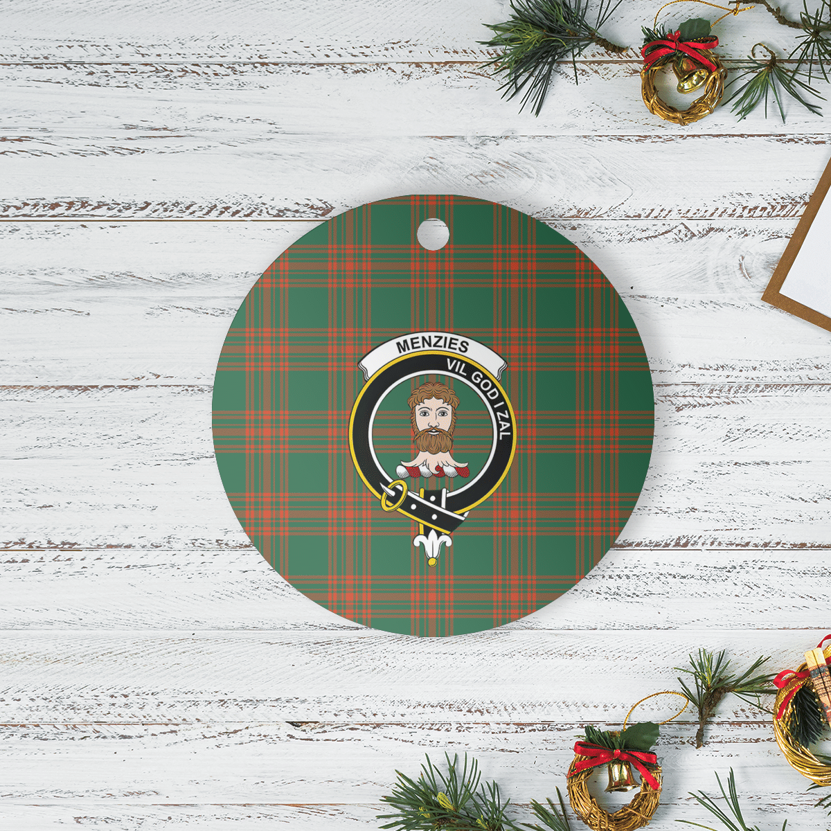 Clan Menzies Green Ancient Tartan Crest Round Ceramic Ornament NM23 Menzies Green Ancient Tartan Tartan Christmas   