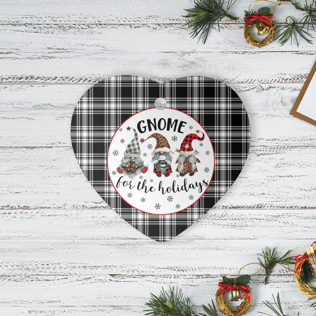 Clan Menzies Black & White Modern Tartan Tartan Crest Gnome Heart Ceramic Ornament KB19 Menzies Black & White Modern Tartan Tartan Christmas   