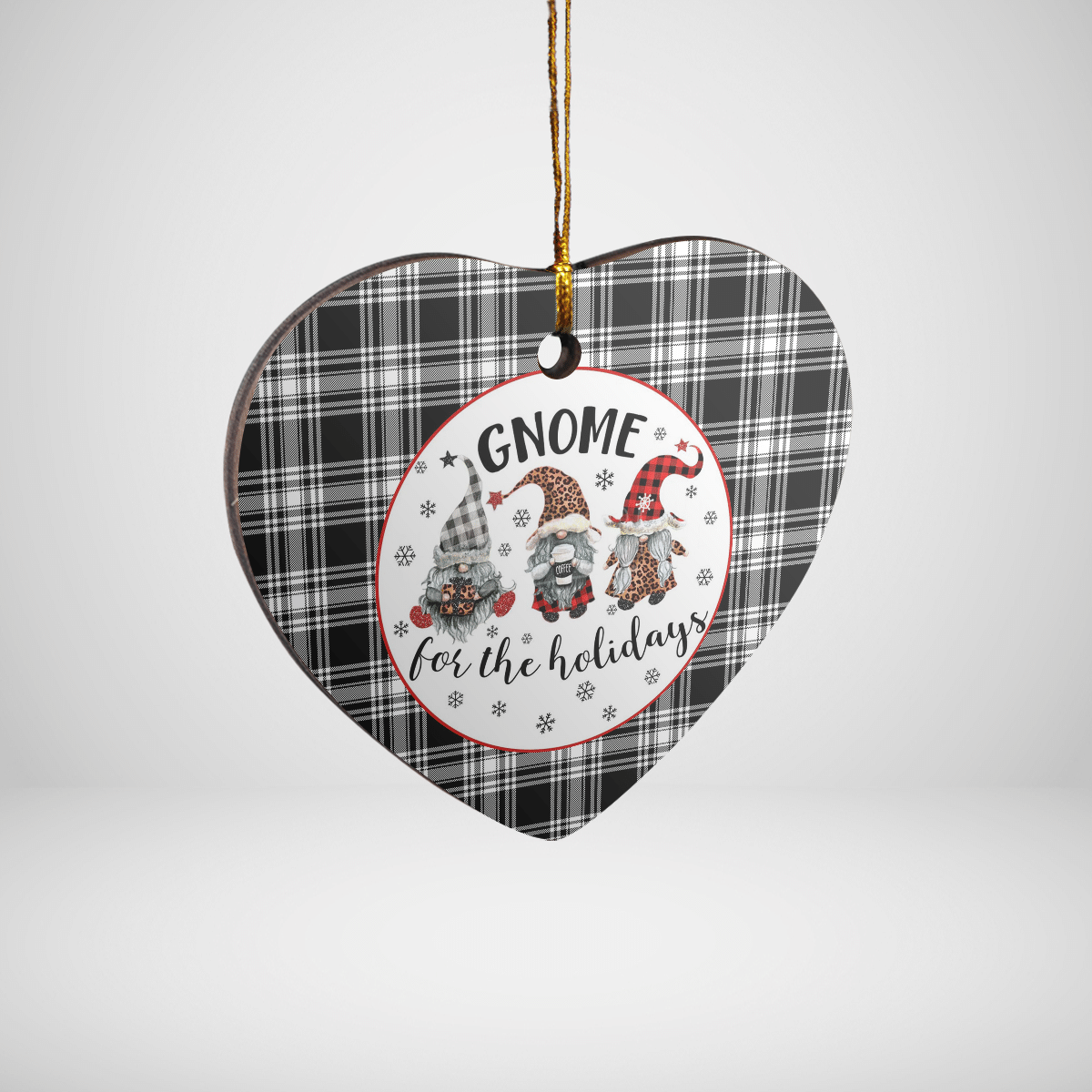 Clan Menzies Black & White Modern Tartan Tartan Crest Gnome Heart Ceramic Ornament KB19 Menzies Black & White Modern Tartan Tartan Christmas   