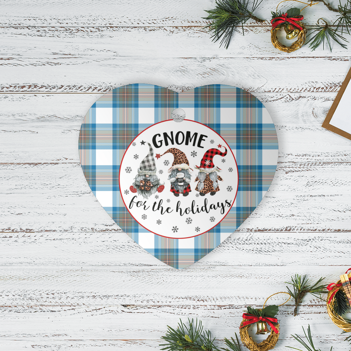 Clan Stewart Muted Blue Tartan Tartan Crest Gnome Heart Ceramic Ornament GN33 Stewart Muted Blue Tartan Tartan Christmas   
