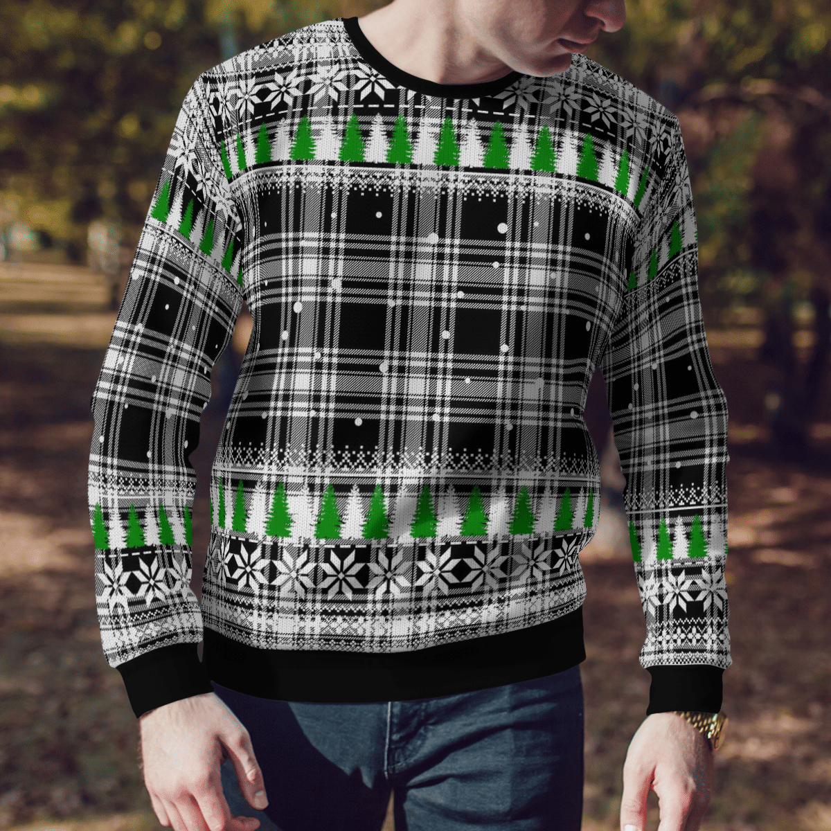 Clan Menzies Black & White Modern Tartan Christmas Ugly Sweater PN26 Menzies Black & White Modern Tartan Tartan Ugly Sweater   