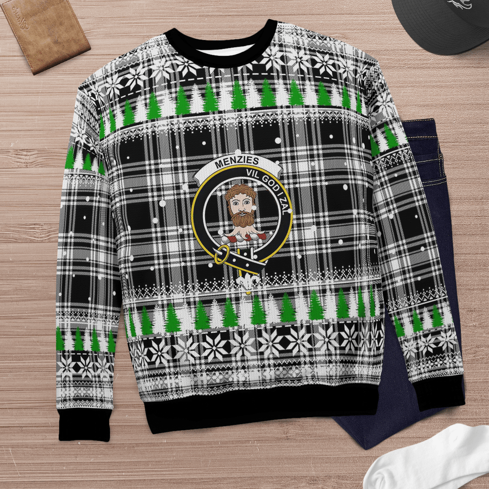 Clan Menzies Black & White Modern Crest Tartan Christmas Ugly Sweater OH26 Menzies Black & White Modern Crest Tartan Tartan Ugly Sweater   