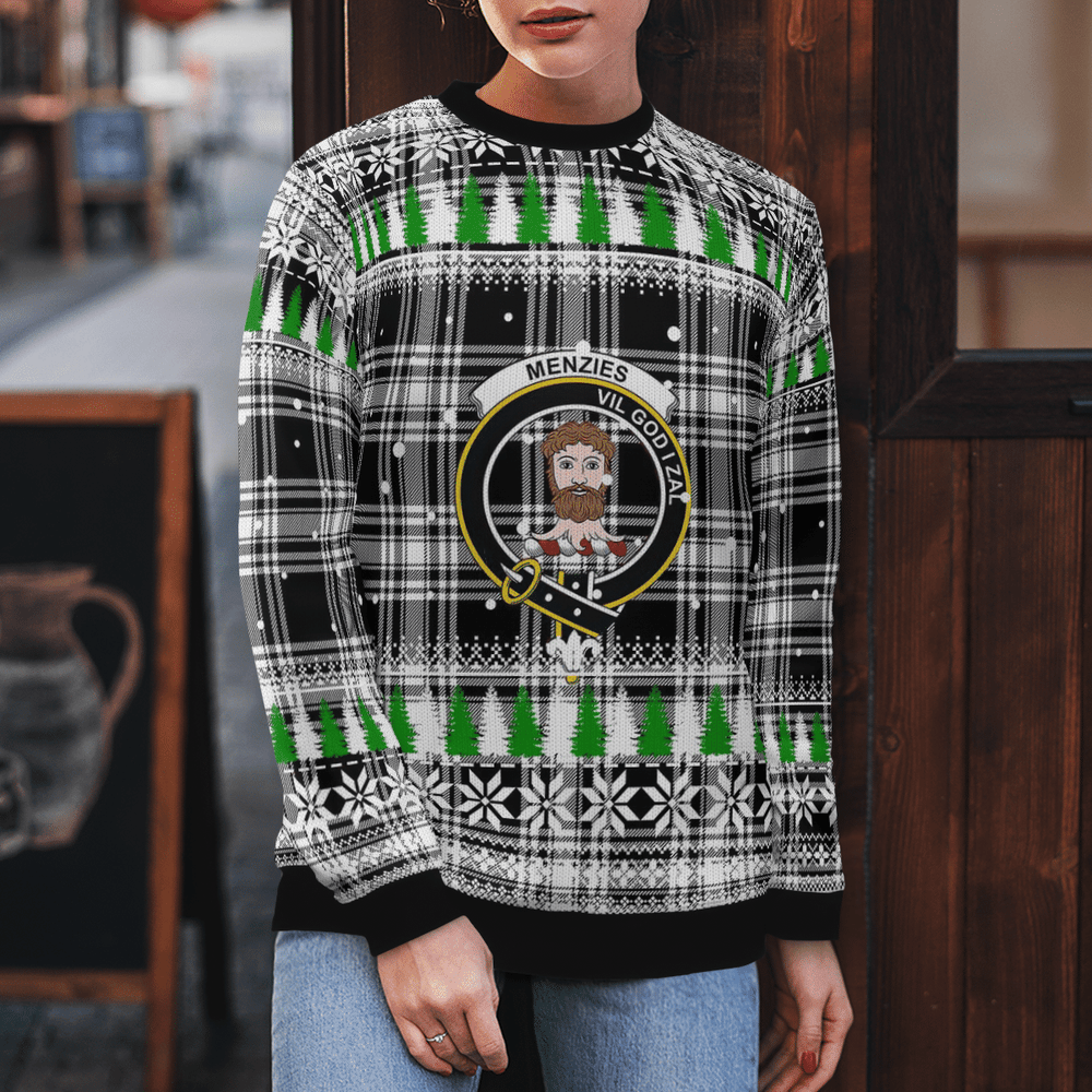 Clan Menzies Black & White Modern Crest Tartan Christmas Ugly Sweater OH26 Menzies Black & White Modern Crest Tartan Tartan Ugly Sweater   