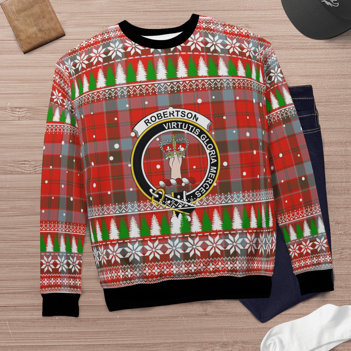 Clan Robertson Weathered Crest Tartan Christmas Ugly Sweater PN67 Robertson Weathered Crest Tartan Tartan Ugly Sweater   