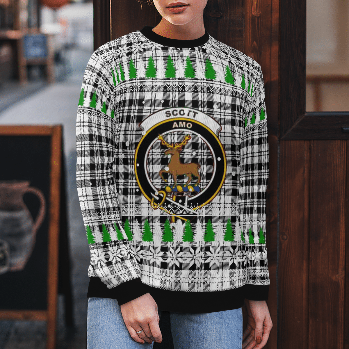 Clan Scott Black & White Modern Crest Tartan Christmas Ugly Sweater GK53 Scott Black & White Modern Crest Tartan Tartan Ugly Sweater   