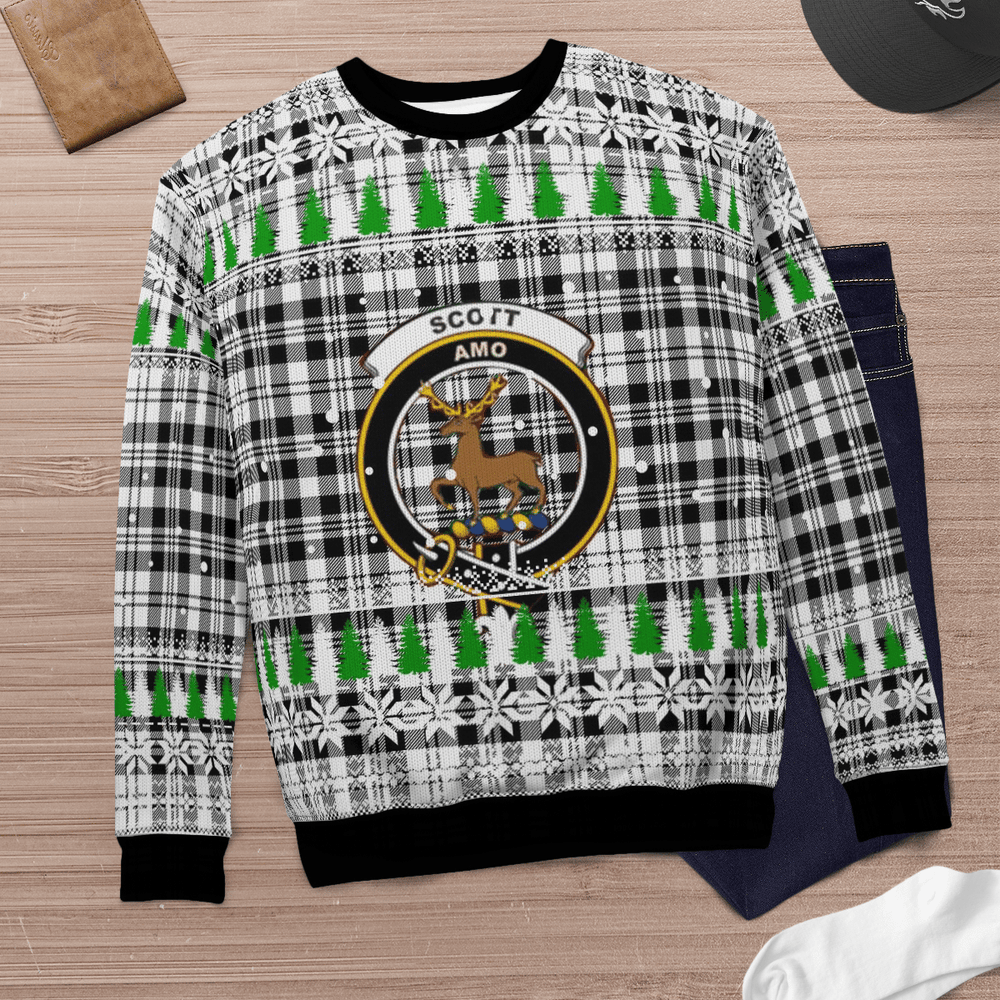 Clan Scott Black & White Modern Crest Tartan Christmas Ugly Sweater GK53 Scott Black & White Modern Crest Tartan Tartan Ugly Sweater   