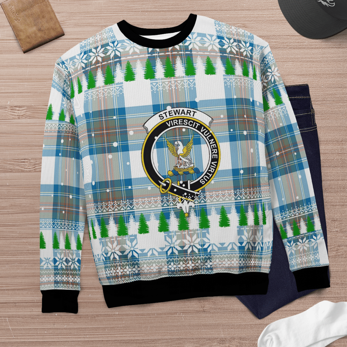 Clan Stewart Muted Blue Crest Tartan Christmas Ugly Sweater YY80 Stewart Muted Blue Crest Tartan Tartan Ugly Sweater   