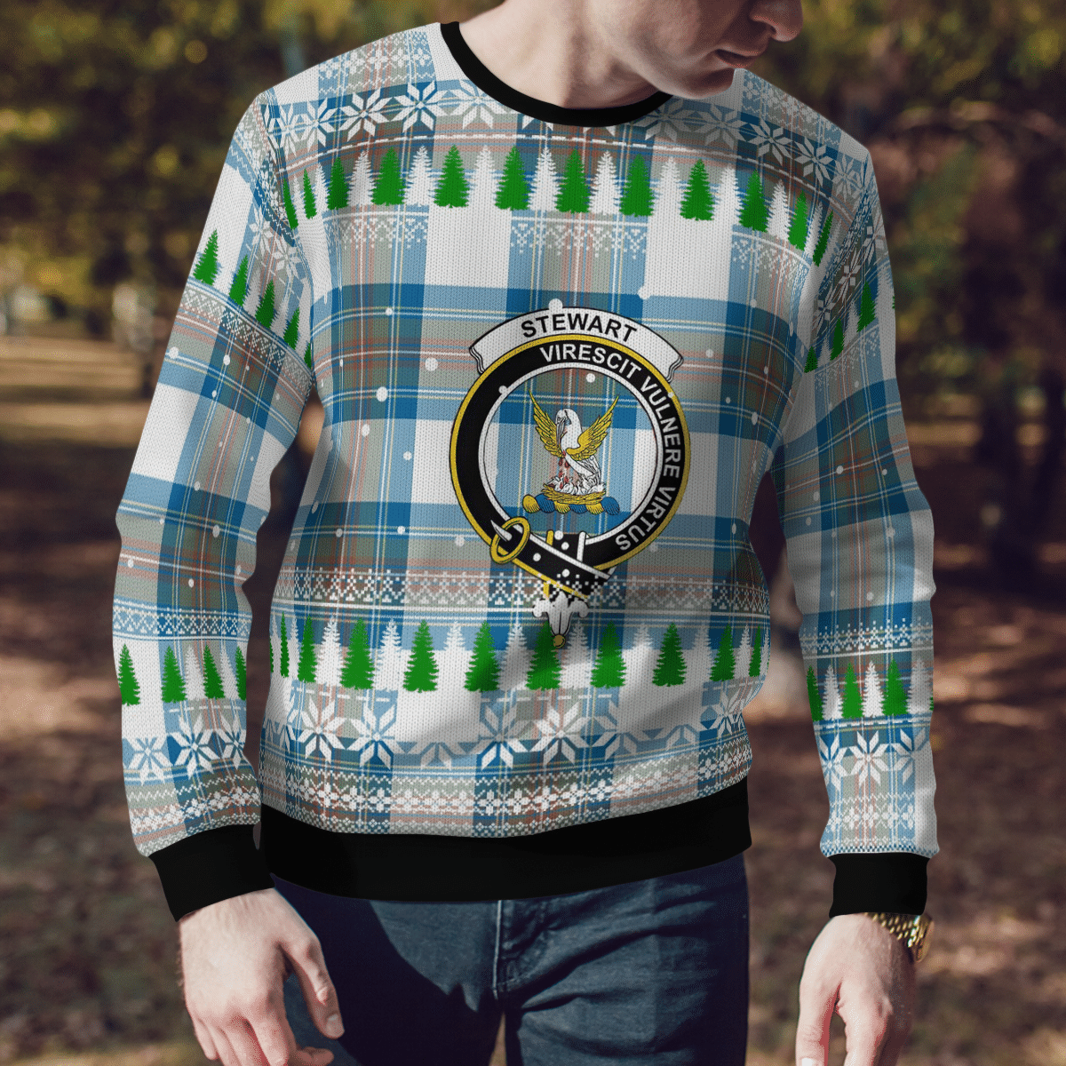 Clan Stewart Muted Blue Crest Tartan Christmas Ugly Sweater YY80 Stewart Muted Blue Crest Tartan Tartan Ugly Sweater   