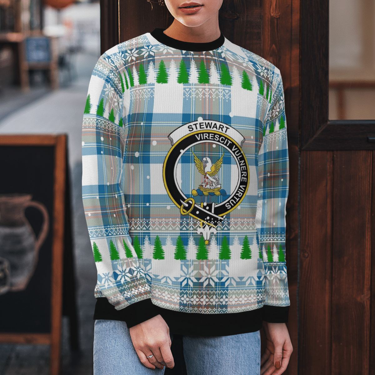 Clan Stewart Muted Blue Crest Tartan Christmas Ugly Sweater YY80 Stewart Muted Blue Crest Tartan Tartan Ugly Sweater   