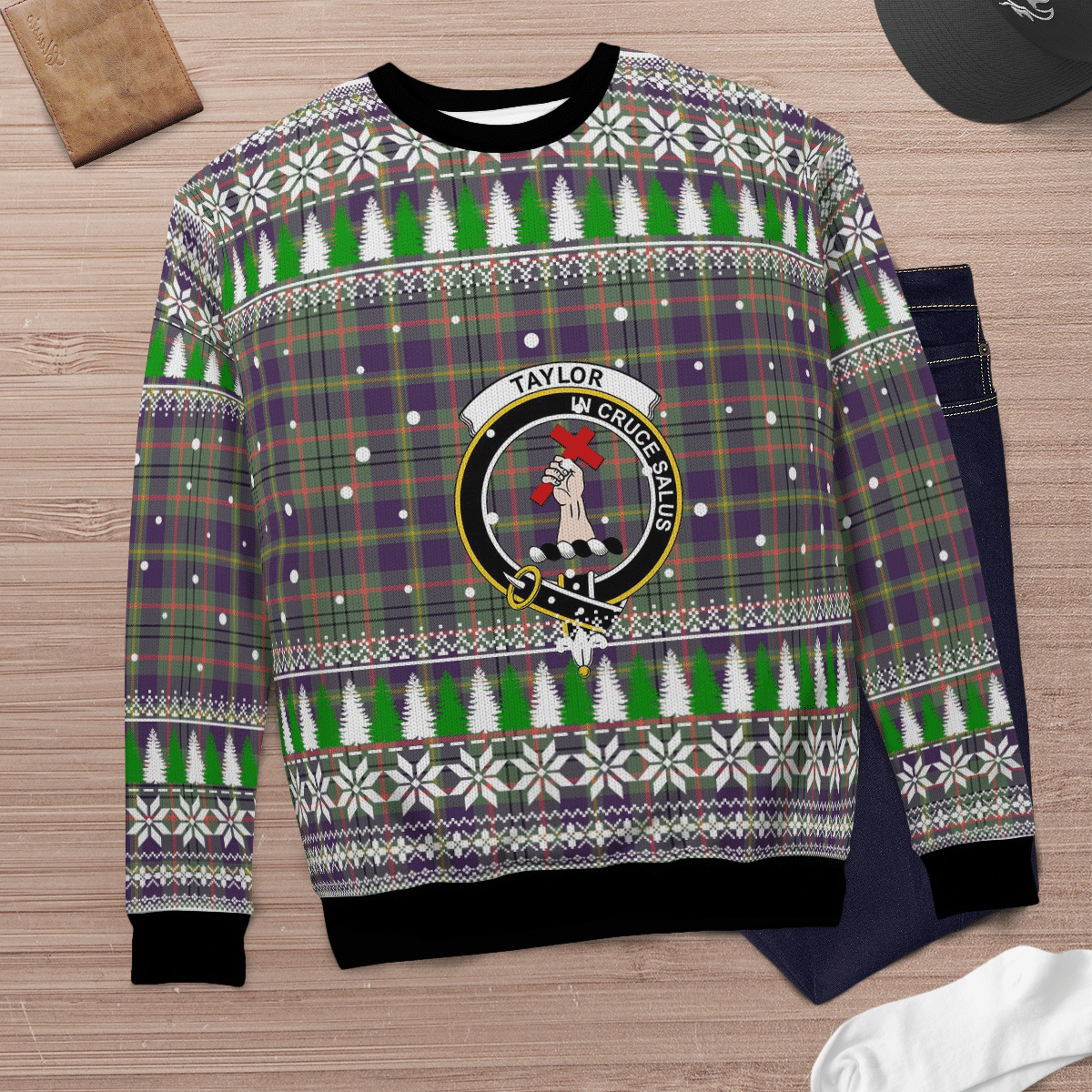 Clan Taylor Weathered Crest Tartan Christmas Ugly Sweater KP12 Taylor Weathered Crest Tartan Tartan Ugly Sweater   