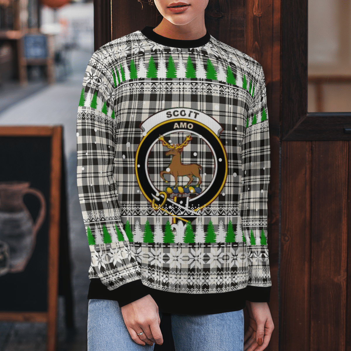 Clan Scott Black & White Ancient Crest Tartan Christmas Ugly Sweater VQ29 Scott Black & White Ancient Crest Tartan Tartan Ugly Sweater   