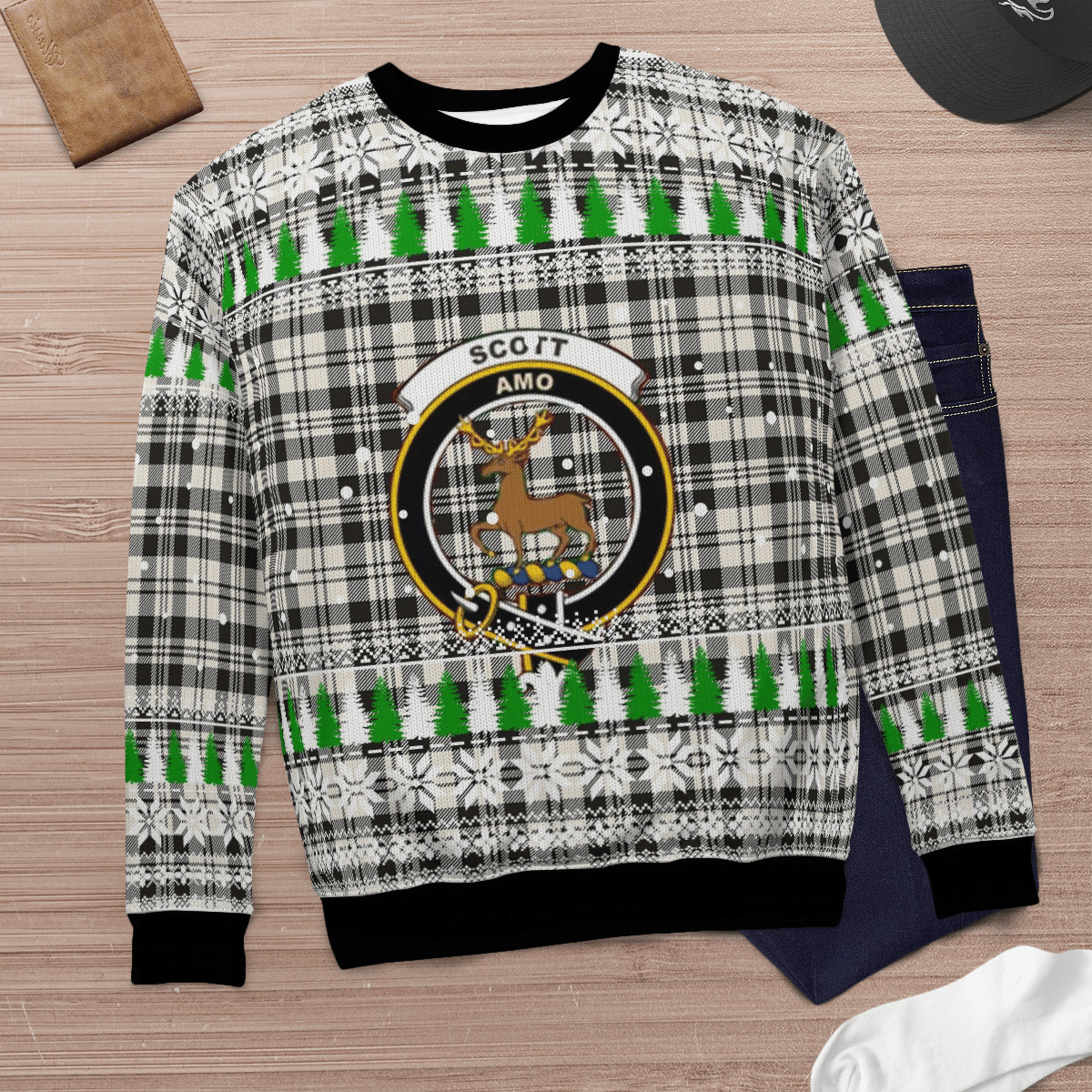 Clan Scott Black & White Ancient Crest Tartan Christmas Ugly Sweater VQ29 Scott Black & White Ancient Crest Tartan Tartan Ugly Sweater   