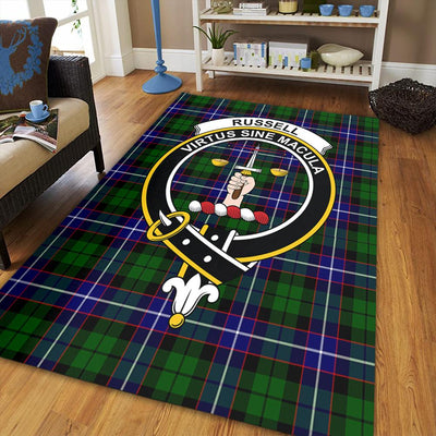 Clan Russell Modern Tartan Crest Rug – Scottish Highland Carpet for Living Room, Celtic Home Decor & Scotland Gift LZ48