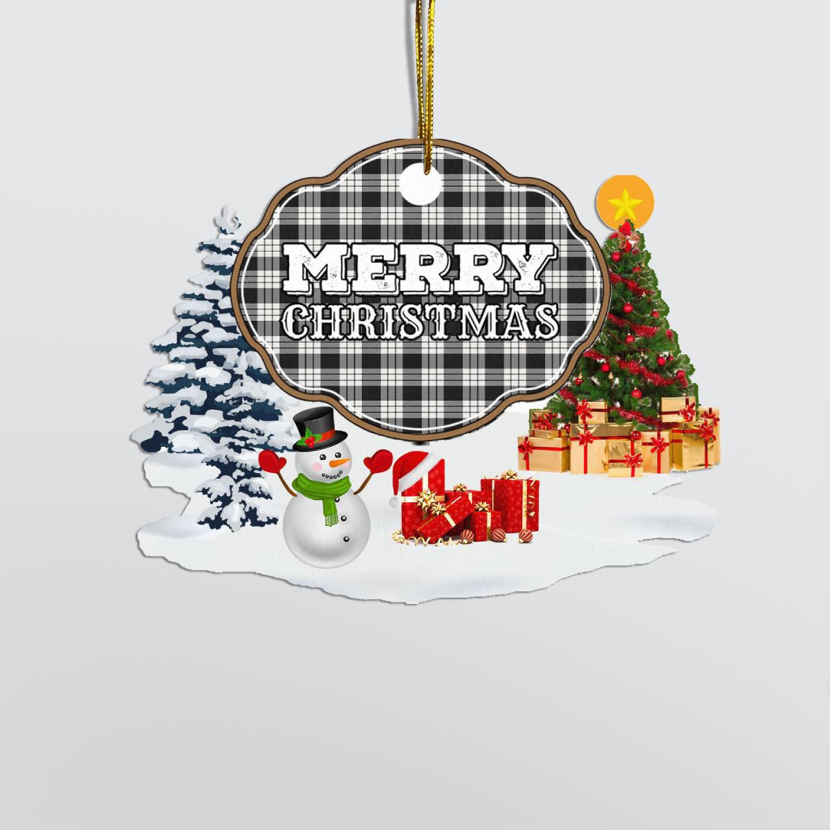 Clan MacFarlane Black & White Ancient "Merry Christmas" Tartan Acrylic Ornament OW60 MacFarlane Black & White Ancient Tartan Tartan Christmas   
