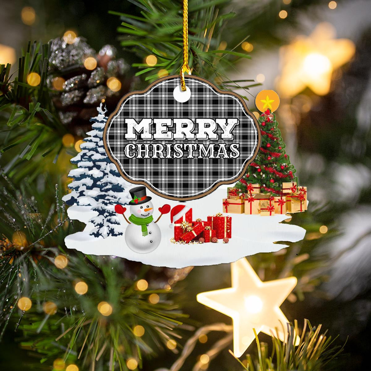 Clan Menzies Black & White Modern "Merry Christmas" Tartan Acrylic Ornament BC33 Menzies Black & White Modern Tartan Tartan Christmas   