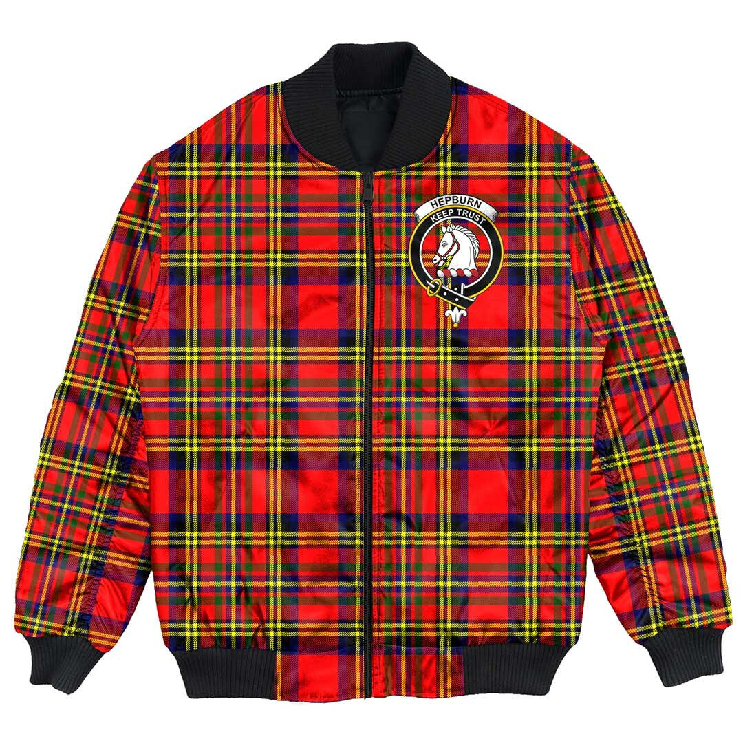 Clan Hepburn Tartan Crest Bomber Jacket PU52 Hepburn Tartan Tartan Bomber Jacket   