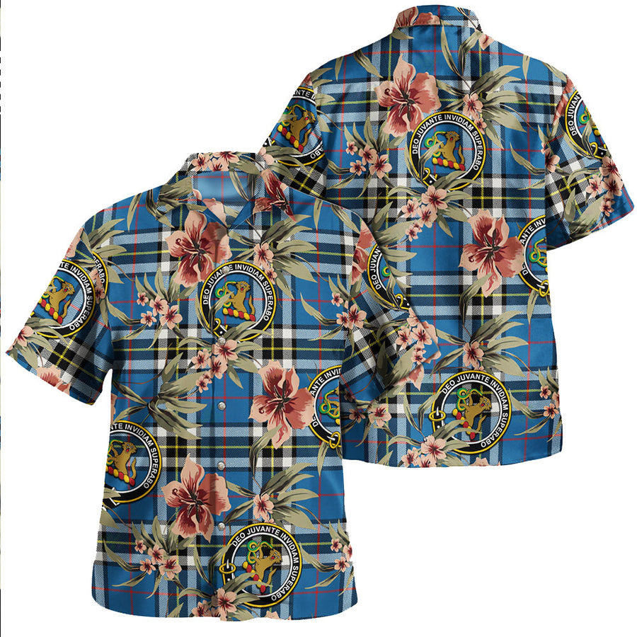 Clan Thomson Blue (MacThomas BlueThompson Dress) Modern Tartan Crest Badge Aloha Hawaiian Shirt Tropical Old Style