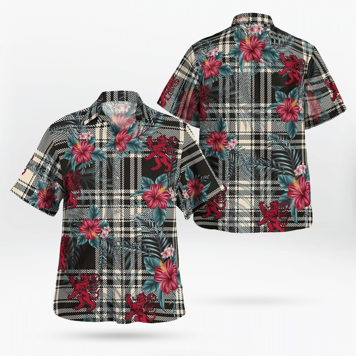 Clan Menzies Black & White Ancient Tartan Scottish Lion Hawaiian Shirt SB46 Menzies Black & White Ancient Tartan Tartan Hawaii Shirt   