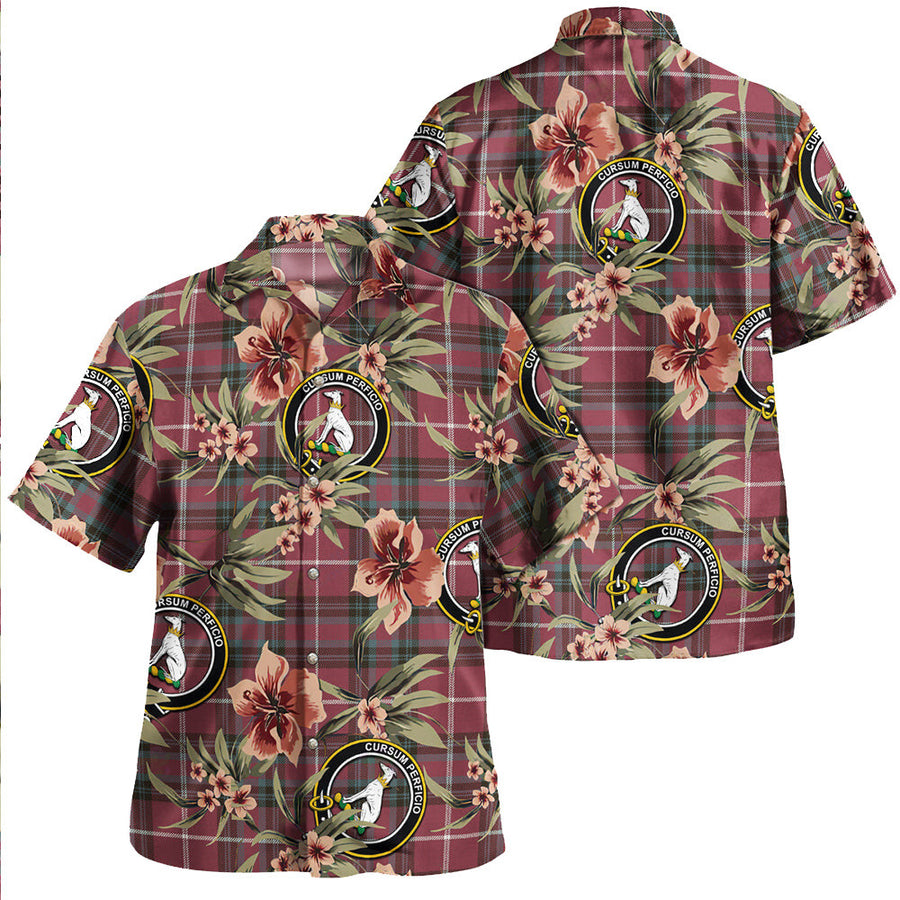 Clan Hunter of Bute (Hunter Maroon) Weathered Tartan Crest Badge Aloha Hawaiian Shirt Tropical Old Style