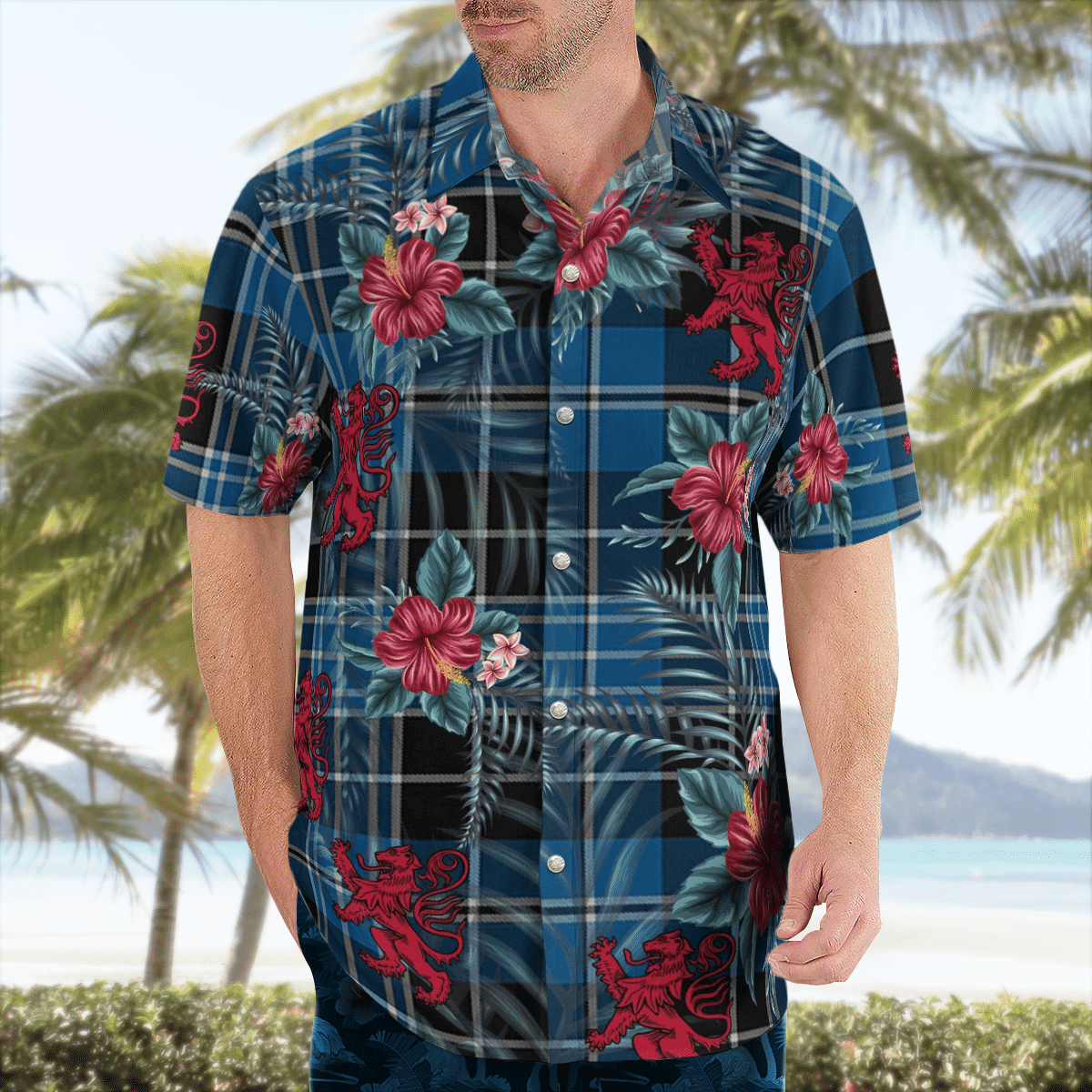 Clan Clergy Blue Tartan Scottish Lion Hawaiian Shirt MF54 Clergy Blue Tartan Tartan Hawaii Shirt   