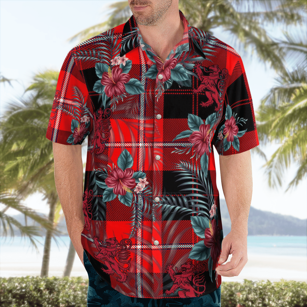 Clan Cunningham Modern Tartan Scottish Lion Hawaiian Shirt SV51 Cunningham Modern Tartan Tartan Hawaii Shirt   
