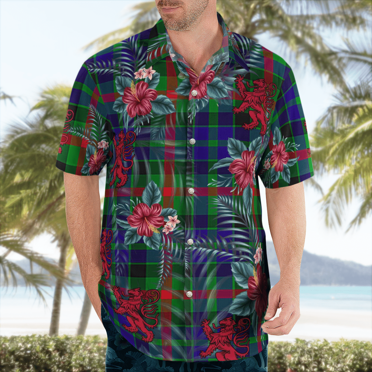 Clan Gunn Tartan Scottish Lion Hawaiian Shirt QU42 Gunn Tartan Tartan Hawaii Shirt   