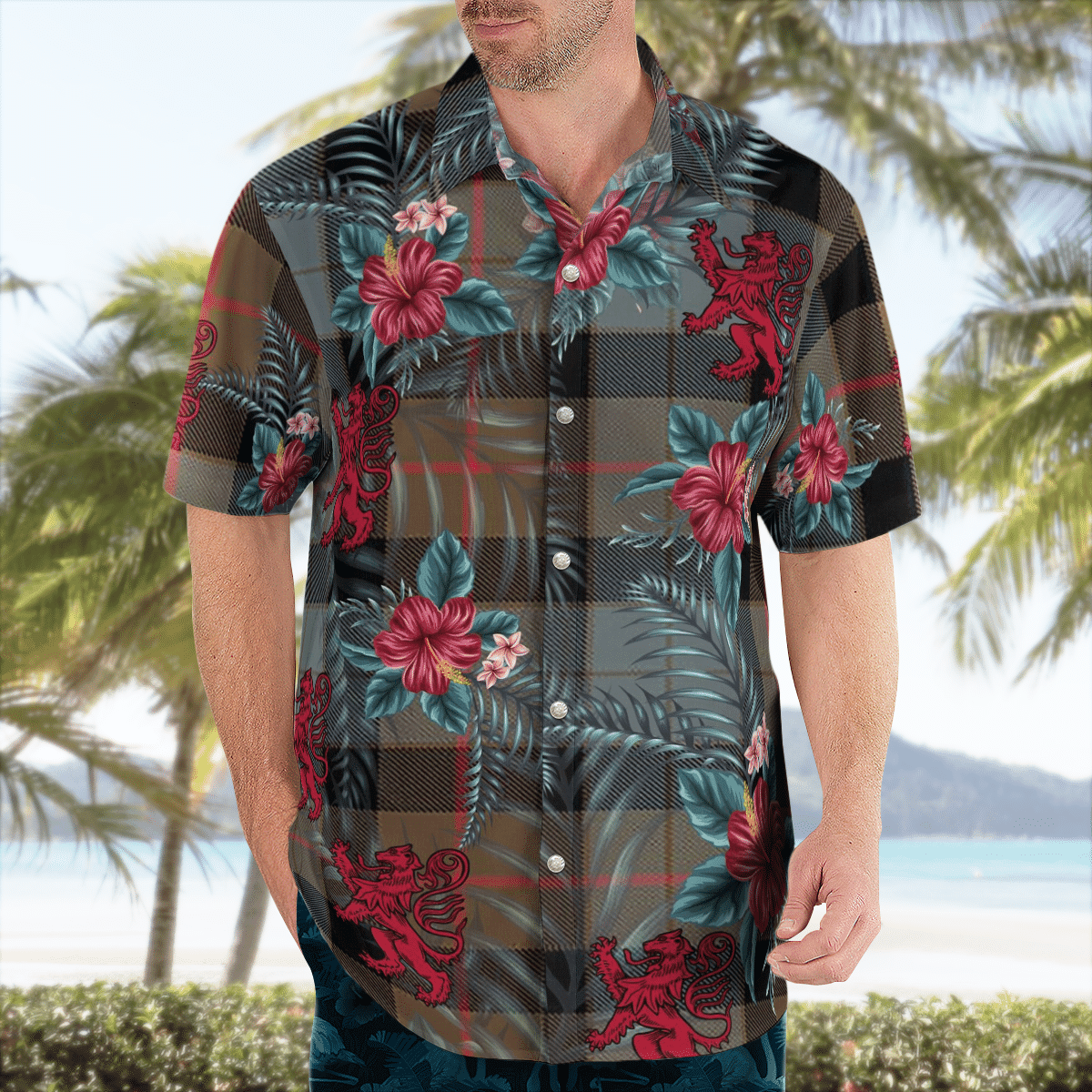 Clan Gunn Weathered Tartan Scottish Lion Hawaiian Shirt CP95 Gunn Weathered Tartan Tartan Hawaii Shirt   