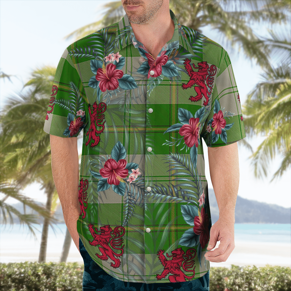Clan Cunningham Dress Green Dancers Tartan Scottish Lion Hawaiian Shirt HK42 Cunningham Dress Green Dancers Tartan Tartan Hawaii Shirt   