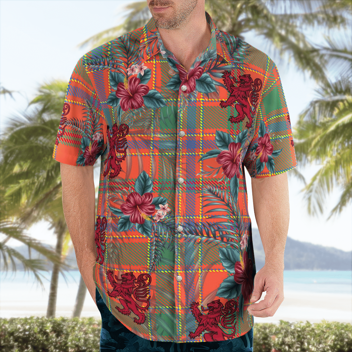 Clan Munro Ancient Tartan Scottish Lion Hawaiian Shirt FL13 Munro Ancient Tartan Tartan Hawaii Shirt   