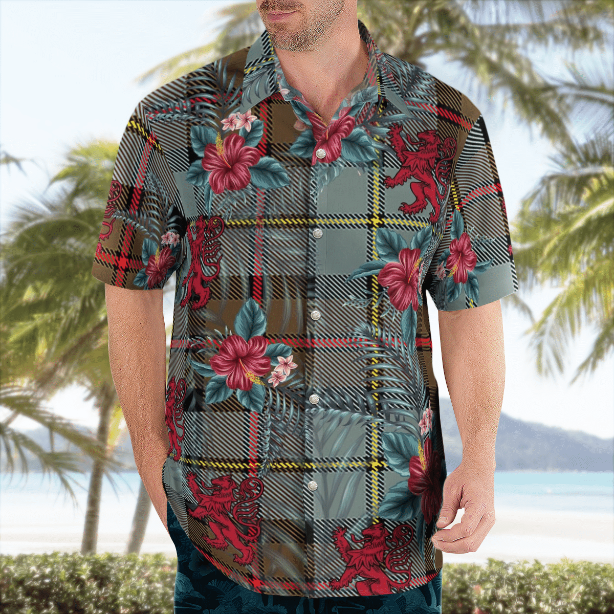Clan MacLeod of Harris Weathered Tartan Scottish Lion Hawaiian Shirt KG49 MacLeod of Harris Weathered Tartan Tartan Hawaii Shirt   