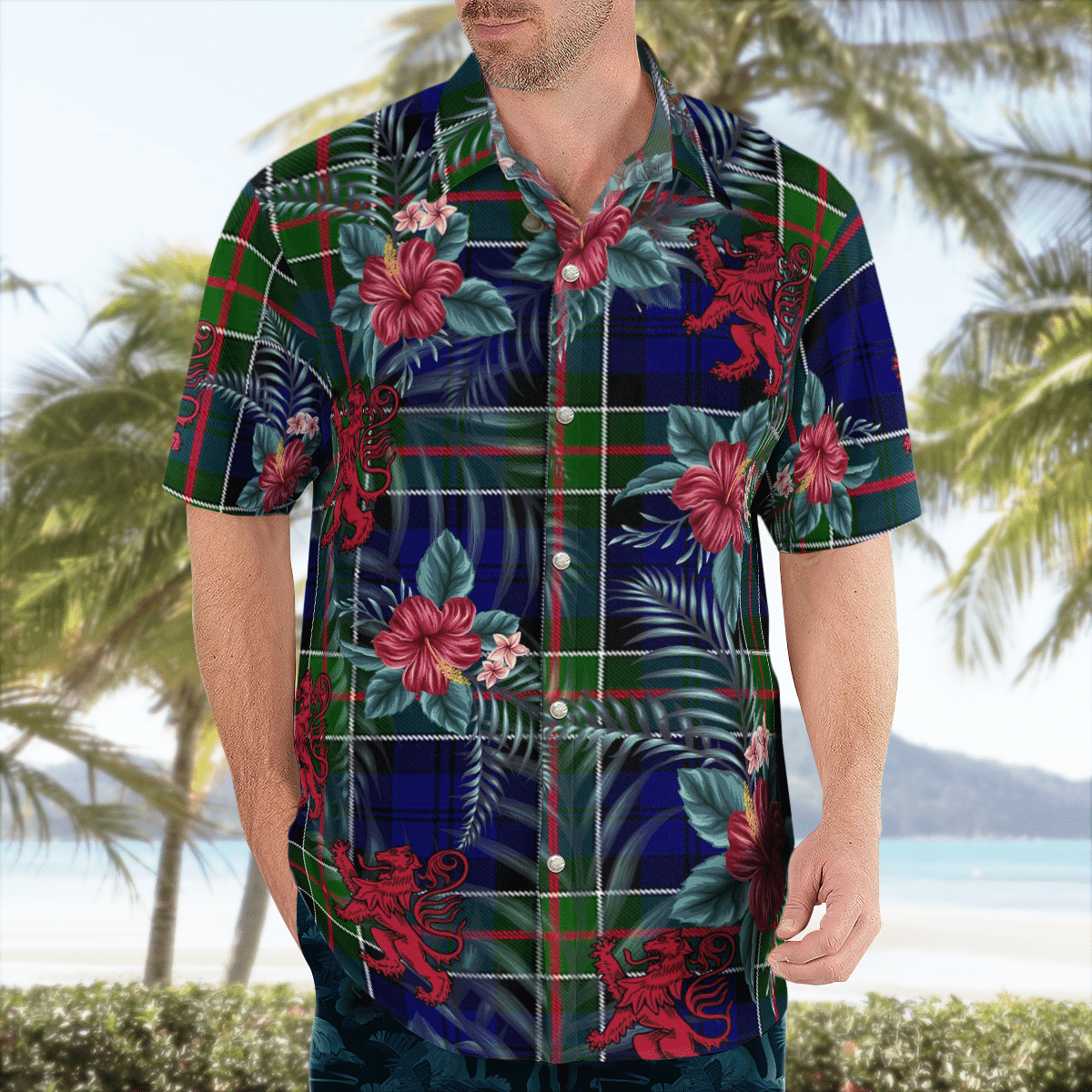 Clan Colquhoun Modern Tartan Scottish Lion Hawaiian Shirt FW75 Colquhoun Modern Tartan Tartan Hawaii Shirt   