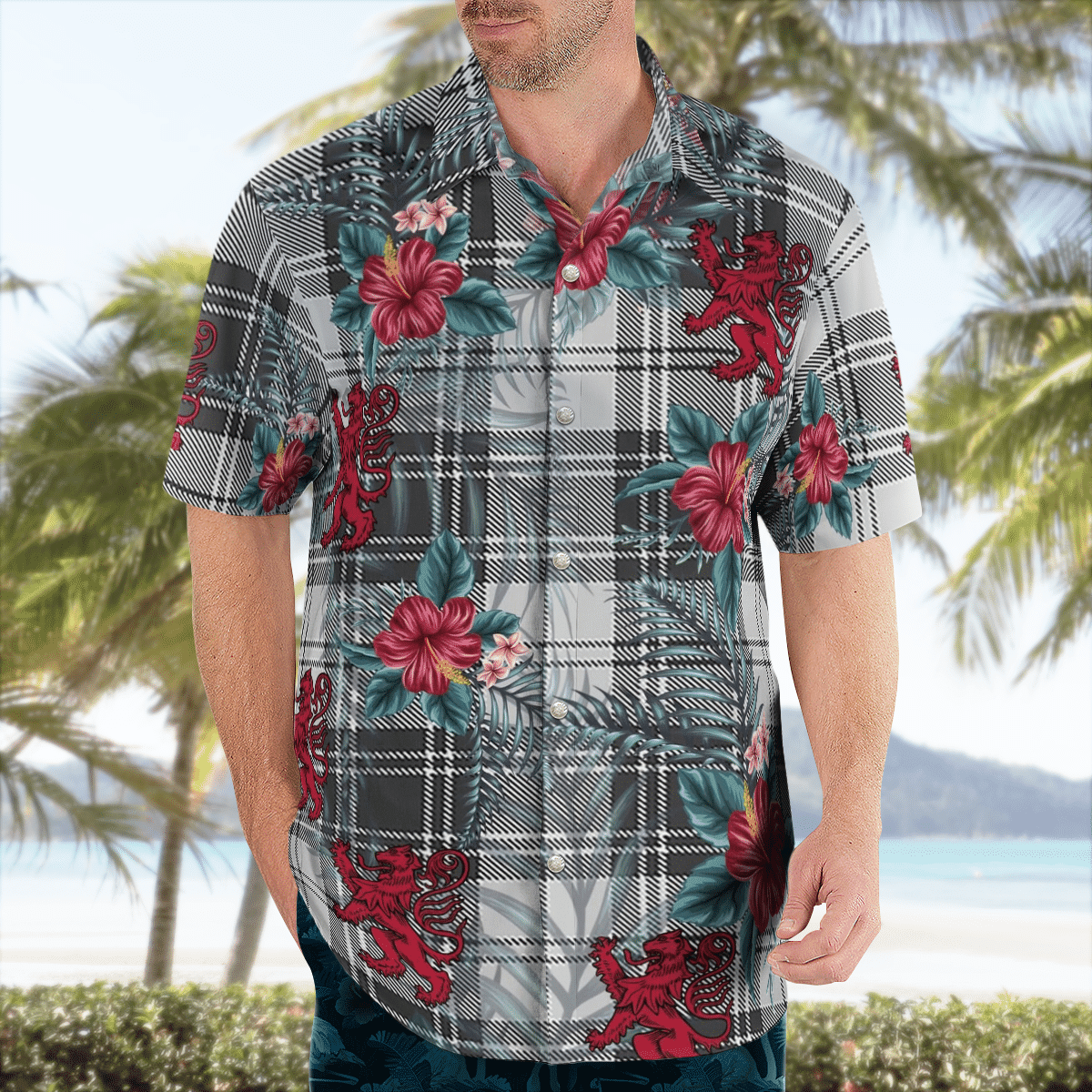 Clan Douglas Grey Modern Tartan Scottish Lion Hawaiian Shirt BI17 Douglas Grey Modern Tartan Tartan Hawaii Shirt   