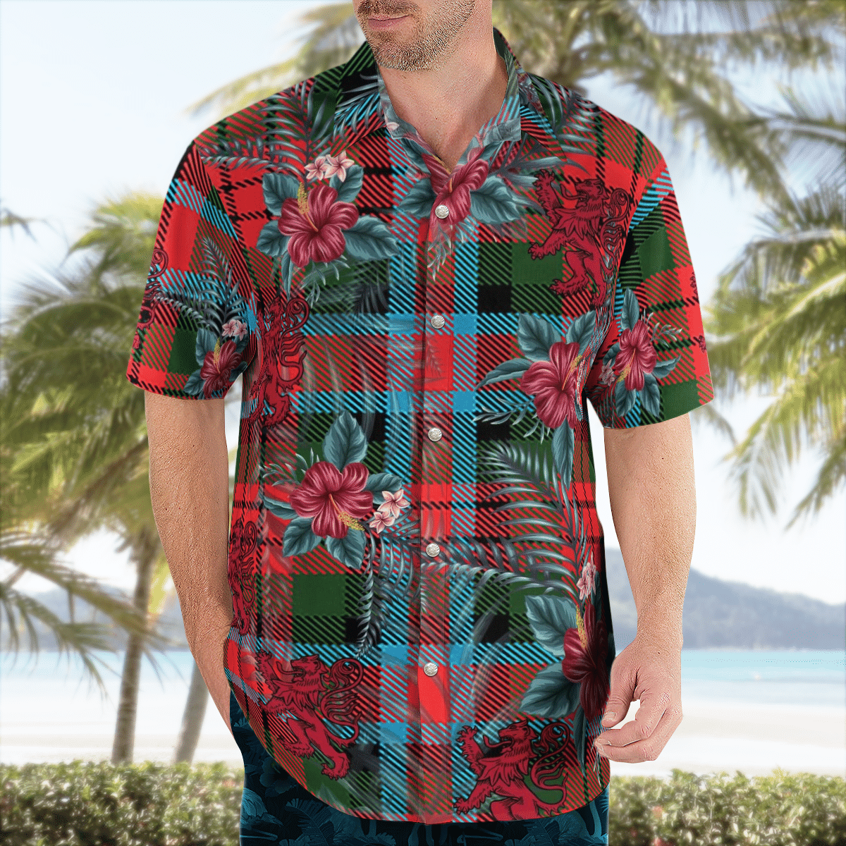 Clan MacDuff Modern Tartan Scottish Lion Hawaiian Shirt IG70 MacDuff Modern Tartan Tartan Hawaii Shirt   