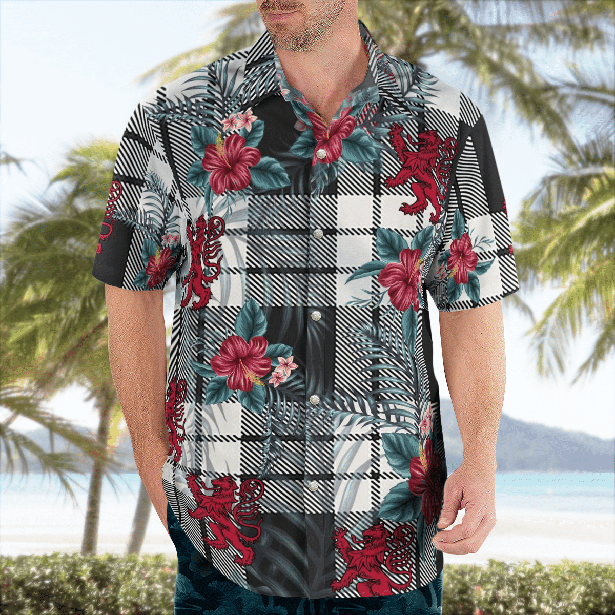 Clan MacFarlane Black & White Ancient Tartan Scottish Lion Hawaiian Shirt UX78 MacFarlane Black & White Ancient Tartan Tartan Hawaii Shirt   