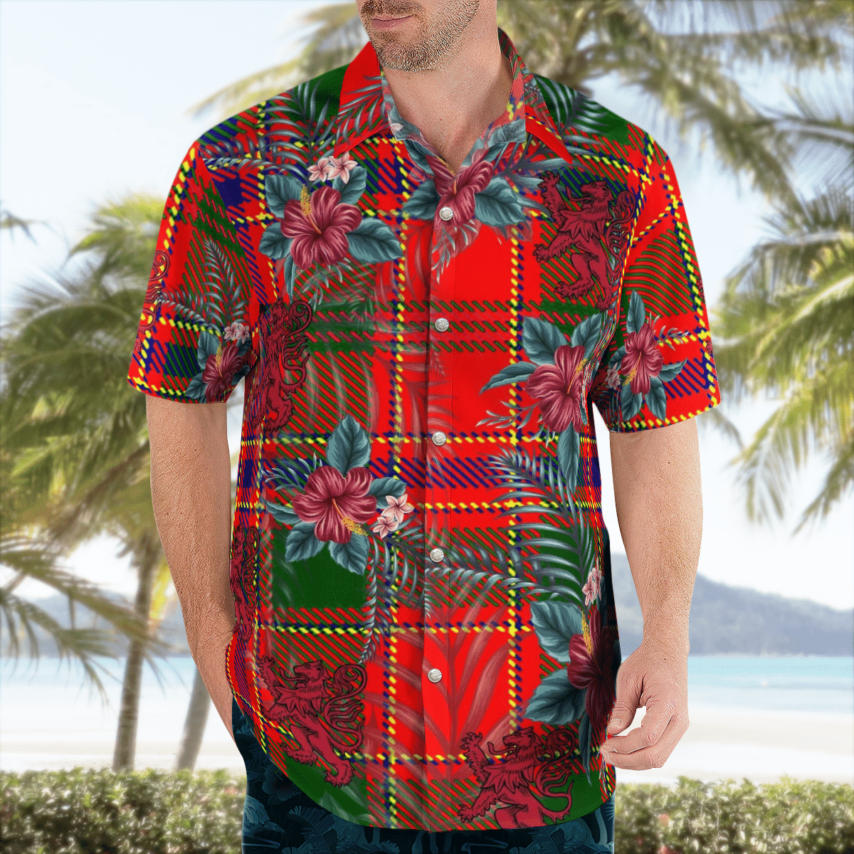 Clan Clan Munro Modern Tartan Scottish Lion Hawaiian Shirt IZ62 Munro Modern Tartan Tartan Hawaii Shirt   