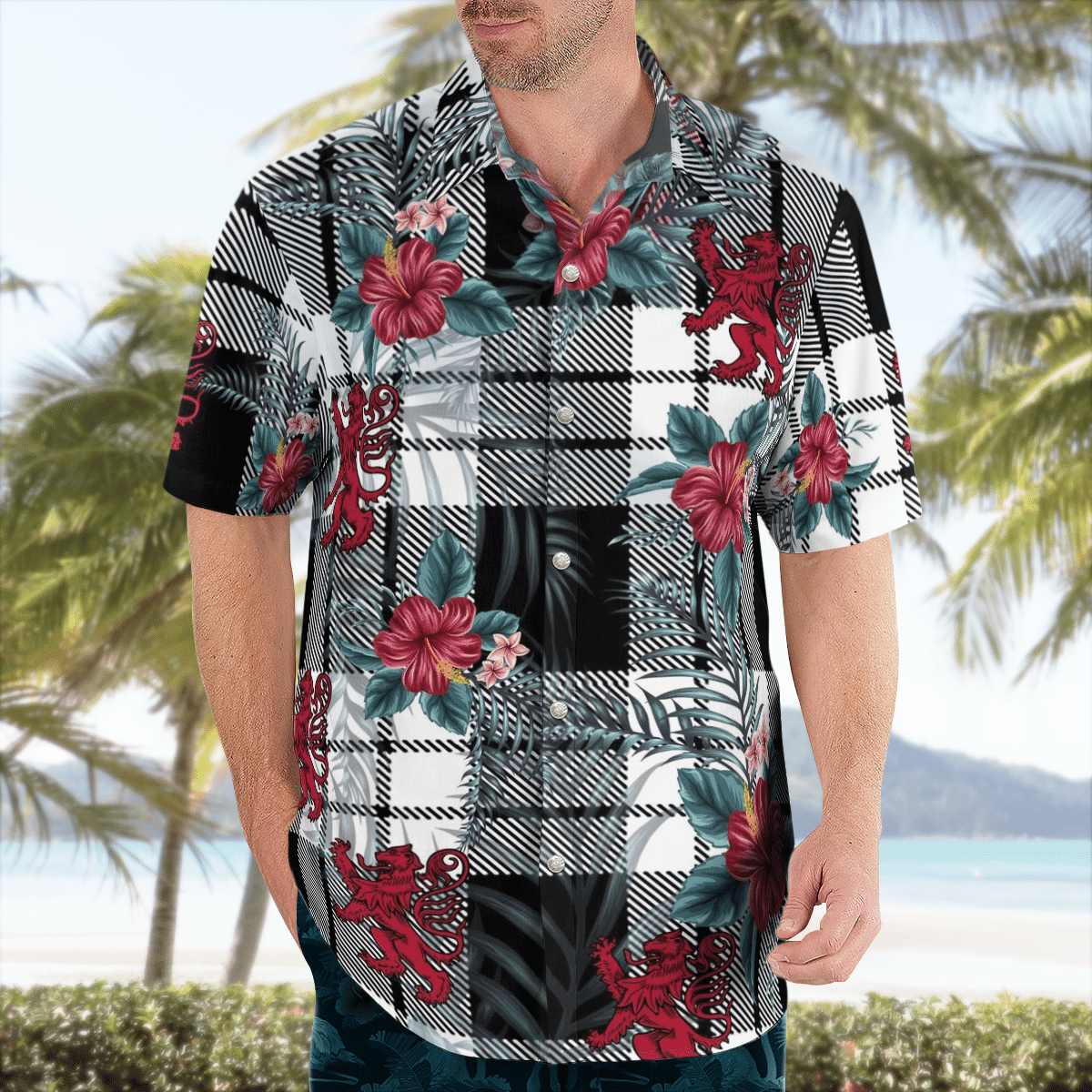 Clan Clan MacFarlane Black & White Tartan Scottish Lion Hawaiian Shirt GP45 MacFarlane Black & White Tartan Tartan Hawaii Shirt   