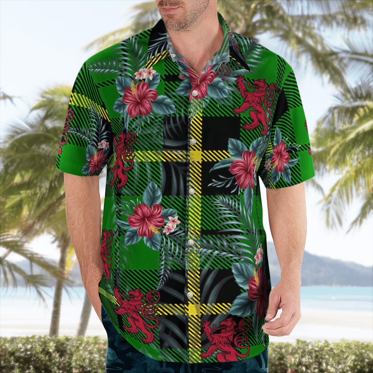 Clan Wallace Hunting Green Tartan Scottish Lion Hawaiian Shirt JN90 Wallace Hunting Green Tartan Tartan Hawaii Shirt   