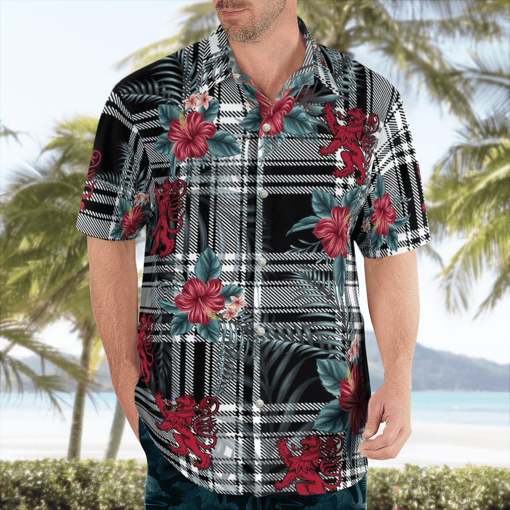 Clan Menzies Black & White Modern Tartan Scottish Lion Hawaiian Shirt EY53 Menzies Black & White Modern Tartan Tartan Hawaii Shirt   