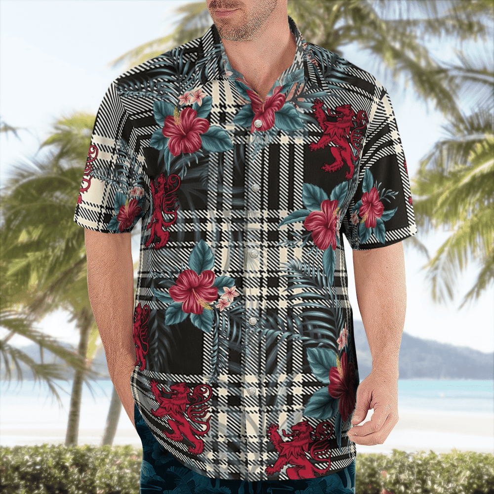 Clan Menzies Black & White Ancient Tartan Scottish Lion Hawaiian Shirt SB46 Menzies Black & White Ancient Tartan Tartan Hawaii Shirt   
