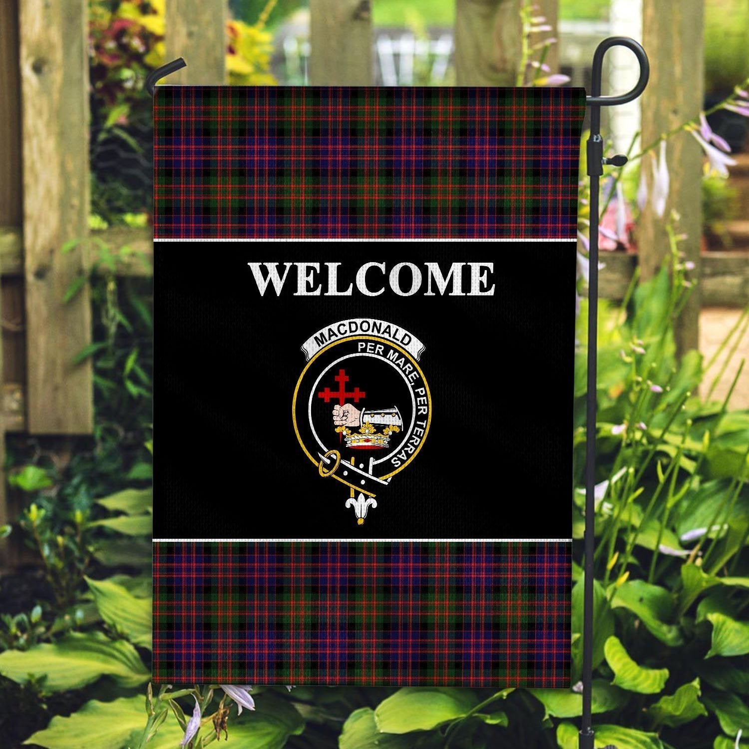 Clan MacDonald (Donald) Tartan Crest Black Garden Flag NV55 Clan MacDonald Tartan Today   