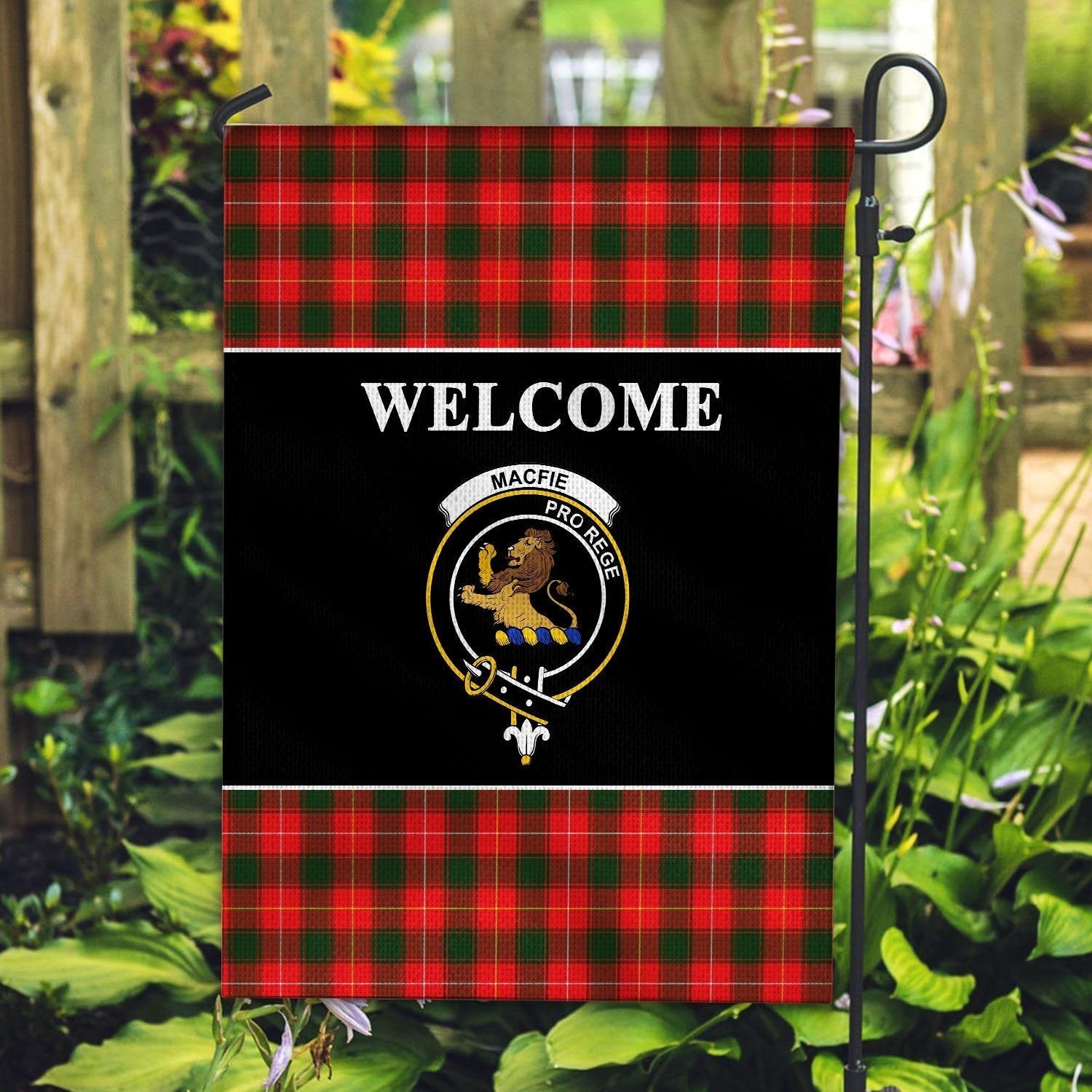 Clan MacFie (of Dreghorn) Tartan Crest Black Garden Flag CV44 Clan MacPhee_MacFie Tartan Today   