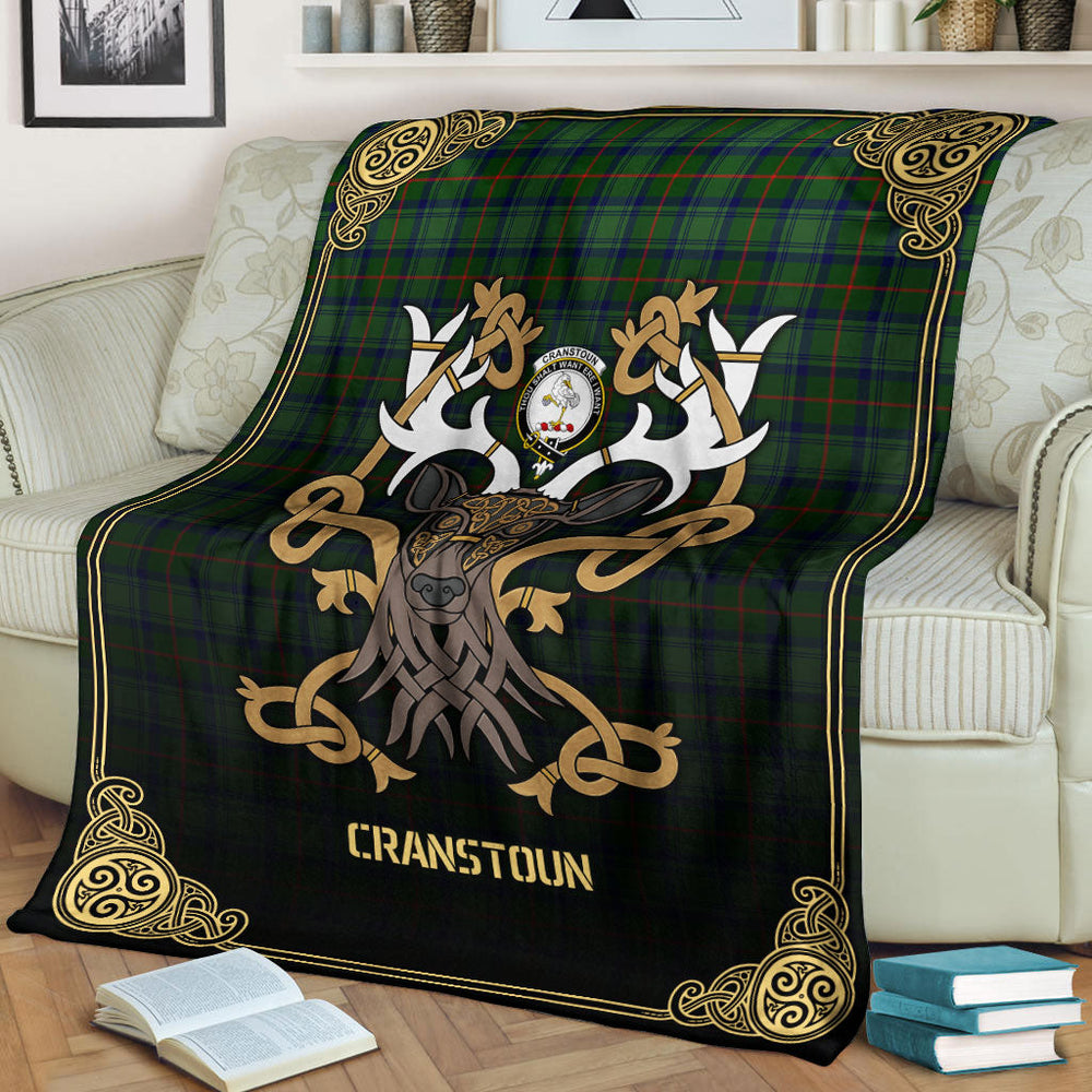 Clan Cranstoun Tartan Crest Premium Blanket Celtic Stag Style XU15 Clan Cranstoun Tartan Today   