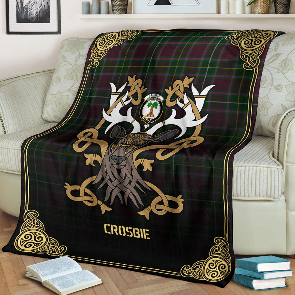 Clan Crosbie (or Crosby) Tartan Crest Premium Blanket Celtic Stag Style LB83 Clan Crosbie Tartan Today   