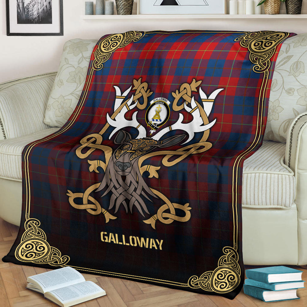 Clan Galloway Red Tartan Crest Premium Blanket Celtic Stag Style WV18 Clan Galloway Tartan Today   