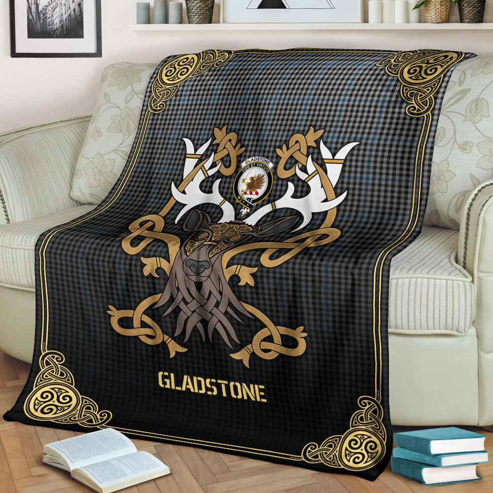 Clan Gladstone Tartan Crest Premium Blanket Celtic Stag Style AC91 Clan Hall Tartan Today   