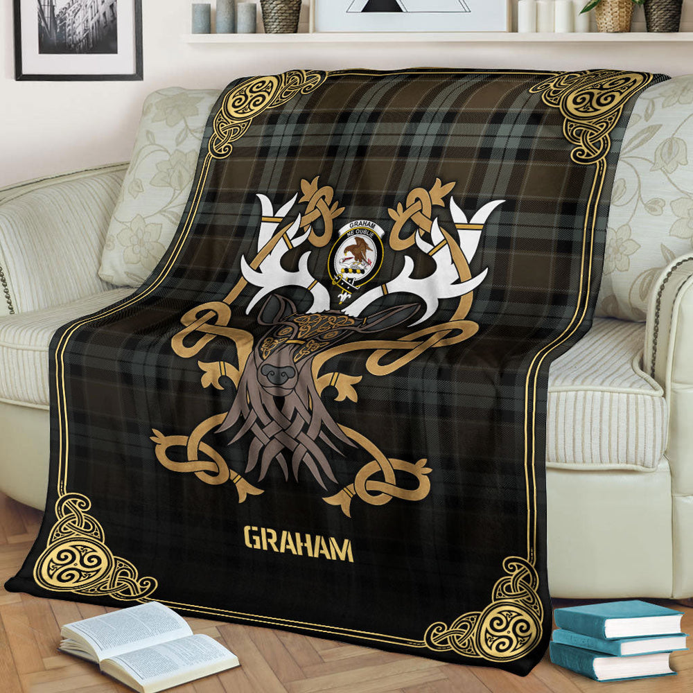 Clan Graham of Menteith Weathered Tartan Crest Premium Blanket Celtic Stag Style KE53 Clan Graham Tartan Today   