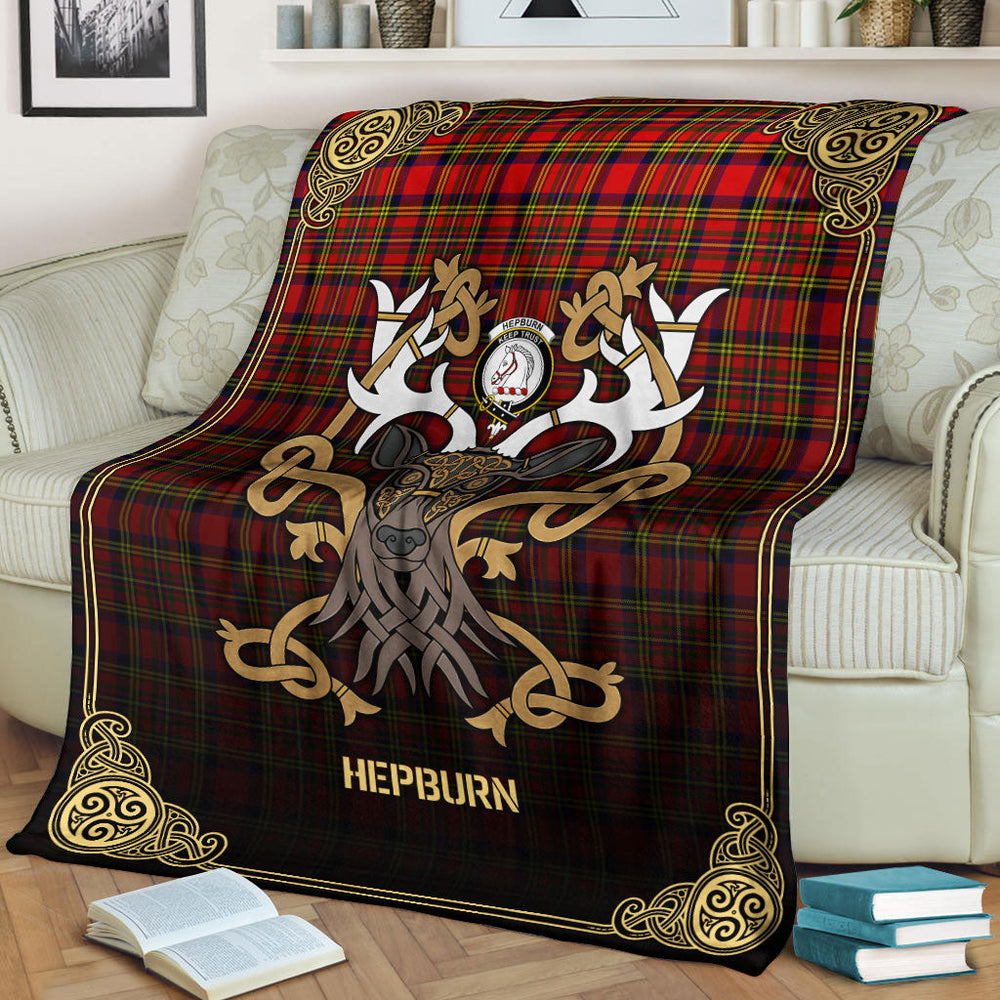 Clan Hepburn Tartan Crest Premium Blanket Celtic Stag Style RE55 Clan Hepburn Tartan Today   